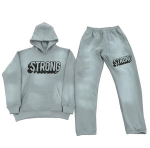 Hot Sale Training Wear Tracksuit Sets Acid <b>Wash</b> Gray Color Hoodie Stacked Pants Sweat Suits for Men With Screen Printed Logo - Product Image 4