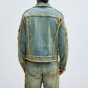 Unisex Denim Two Piece Set Jacket <b>Pants</b> Streetwear Vintage Washed Cotton Full Sleeve Regular Fit Turn Collar Blue Breathable - Product Image 2