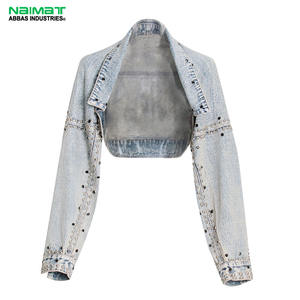 Veste en jean courte à manches longues pour femmes, streetwear décontracté, vente en gros, boléro, vêtements d'extérieur avec rivets cloutés, veste en jean courte - Product Image 1