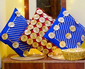 Housse de coussin Gota fleur assortie rayé décoratif coton soie taie d'oreiller pour mariage Eid Haldi Sangeet fête décor à la maison - Product Image 5