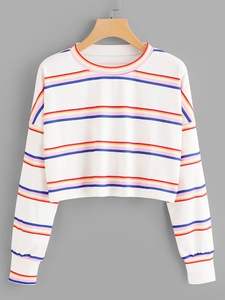 Sudadera corta de algodón 100% de alta calidad para mujer, Sudadera corta de manga larga con rayas en contraste - Product Image 5