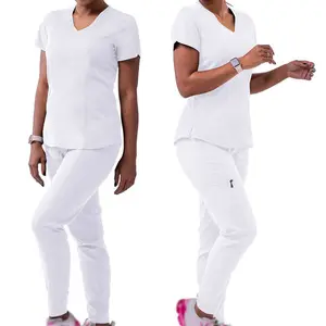 Algodão Poliéster Novas Mulheres Esfoliante Set Estilo Tops Hospital Conjuntos Uniformes Médica V-Neck Cor Branca Sólida Enfermagem Scrubs Womens