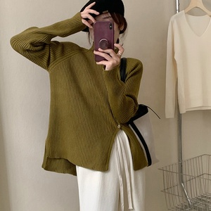 Femmes décontracté demi <span class=keywords><strong>col</strong></span> <span class=keywords><strong>roulé</strong></span> <span class=keywords><strong>pull</strong></span> <span class=keywords><strong>pull</strong></span> couleur unie multi-boutons décoration automne saison coupe ample fente ourlet tricots - Product Image 6