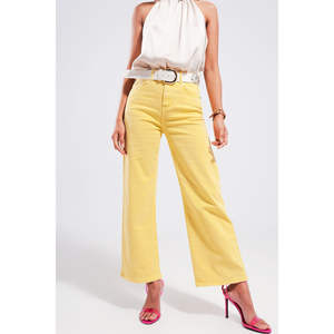 Jean large jaune soleil taille haute avec ceinture décorative en denim respirant teint uni coupe ample 2XL XL pour l'été et l'hiver - Product Image 3