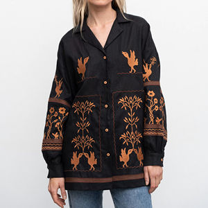 Chemisier en satin brodé de fleurs pour femmes glands Unique naturel lavable haut en coton poches avant Logo arrière longueur au genou pour les filles - Product Image 1