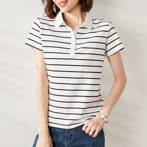 เสื้อโปโลลายทางสำหรับผู้หญิงเสื้อยืดผ้าฝ้ายแคชเมียร์วิสคอสทรงกว้างเข้ารูปสีทึบลายสก็อตทางการ - Product Image 3