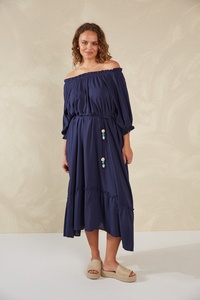 Manga larga estilo bohemio manga larga 100% tela de rayón azul Maxi vestido vacaciones mujeres sin tirantes con vestido de mujer escalonado - Product Image 6