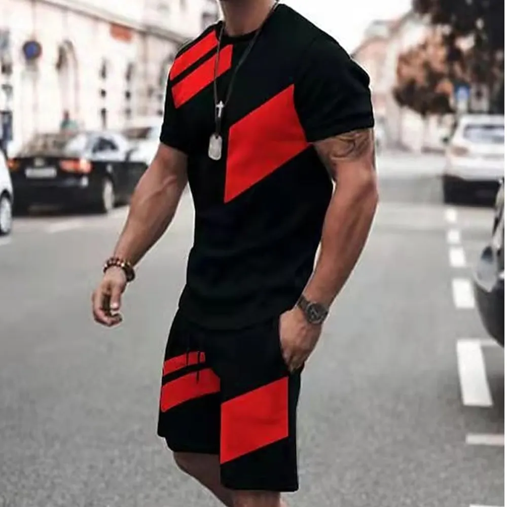 Breathable Mens Set Summer Outfit 2 Piece Set Short Sleeve T Shirts and Shorts Stylish Casual Sweatsuit Set cotton Tracksuit