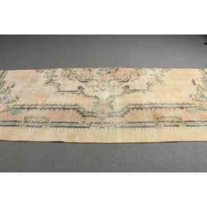 Alfombra Vintage, Alfombra Turca de 3.5x10.6 pies, Alfombra Marroquí de Lana Amarilla y Azul - Product Image 2