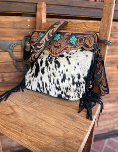 New Western Handcrafted Tooled Cowhide Fur Leather <b>Handbag</b> Women Stylish Evening Bag and Floral Tooled Clutch Unique Combo Set - Product Image 3