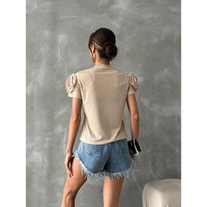 TOPSHOW Women's Stone Gray Knitted Cotton Polyester T-Shirt, <b>Rose</b> & Rhinestone Shoulder Embellished Casual Short Sleeve <b>Top</b> - Product Image 5