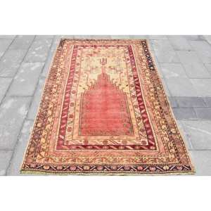 Alfombra turca Vintage 4,4X6,5 pies Rojo Beige Lana Kilim Gran diseño de pasillo rectangular abstracto Látex de 10mm Para áreas grandes - Product Image 1