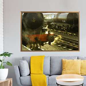 Impression sur toile d'une locomotive à vapeur minimaliste avec train de charbon - Décoration moderne, 1P : encadré or - Product Image 1