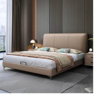 Lit plateforme <span class=keywords><strong>à</strong></span> cadre étroit style crème, minimaliste italien, revêtu de cuir véritable, taille Queen, structure KD - Product Image 2