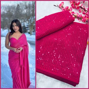 Bollywood Latest Arrival Heavy Georgette <b>Fabric</b> Wedding Wear Saree with blouse Sequin Work on Saree in India at Low Price Women - Product Image 2