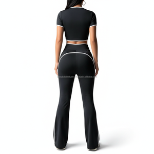 Conjunto de Yoga de 3 Piezas Personalizado OEM para Mujer, Top Corto con Ribete en Contraste, Chaqueta y Leggings de Cintura Alta con Corte Acampanado, Traje Deportivo para Gimnasio y Entrenamiento - Product Image 2