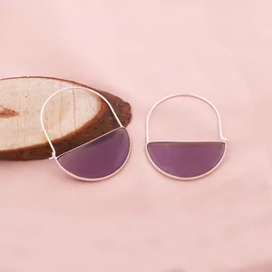 Modern indian jewelry purple amethyst quartz prism hoop earring brass silver plated semicircle shape bezel setting hoops for her