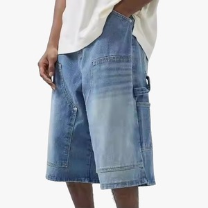 Venta al por mayor de pantalones cortos de mezclilla azul de encargo de doble rodilla para los hombres/Precio de fábrica de ajuste relajado pantalones cortos de mezclilla con efecto desteñido para los hombres - Product Image 1