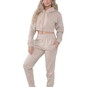 Vente en gros Haut court en coton avec fermeture éclair pour femmes, sweats à capuche, pantalons de survêtement, ensembles de salon 3 pièces, survêtement pour femmes - Product Image 1