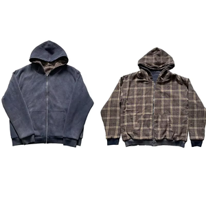 Chaqueta a cuadros con cremallera personalizada para hombre, Sudadera con capucha de franela reversible de doble capa a rayas - Product Image 3