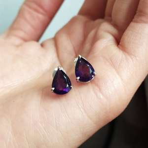 Boucles d'oreilles clous en améthyste poire, argent sterling 925 plaqué or, joli cadeau de bijoux élégant pour femmes, pierre de naissance de février - Product Image 2