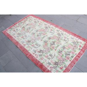 Turkish 3.8x6.7 ft Rug, Area Vintage Rug, <b>Red</b> Pink Abstract <b>Wool</b> Rug - Product Image 2