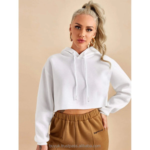 Sudadera con capucha corta de algodón blanco para mujer con logotipo bordado Sudadera de invierno de moda para niñas con capucha con decoración de insignia - Product Image 6