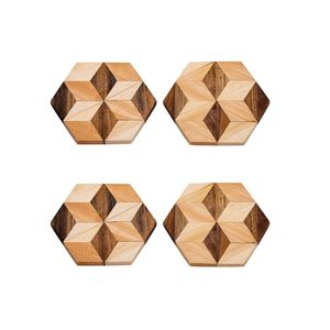 Ethnic Hand Carved Mango Wood <b>Coaster</b> Set, Round Wooden and Stone <b>Drink</b> Pads for Boho and Traditional Decor Spaces - Product Image 1