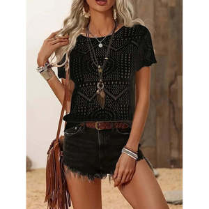 Blusa de punto estampada con cuello redondo y manga corta para mujer, 34327 - Product Image 1