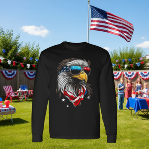 T-shirt a maniche lunghe patriottica con bandiera USA, aquila calva e mullet, design 4 luglio, magliette promozionali americane - Product Image 3