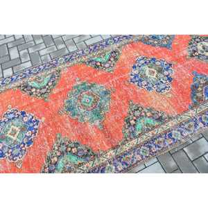 Vintage <b>Runner</b> Rug 4.2x12.3 ft (129x375 cm), Turkish <b>Red</b> Oriental Wool Rug - Product Image 5