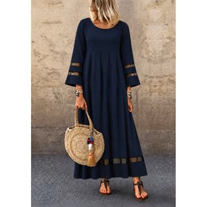 Robe longue en crêpe Janjan à manches Truvakar, col large et détails en dentelle, 38601 - Bleu marine - Product Image 1