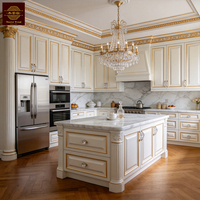 Lemari Dapur Modular Kayu Solid Ukiran Gaya Amerika dengan Meja Marmer, Keran & Engsel Desain Mewah Royal yang Dapat Disesuaikan