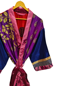 Patchwork Kimono Robe Bikini Cover Up Night Wear Long Robe, hecho a mano indio Vintage reciclado seda Sari Kimono, - Product Image 3