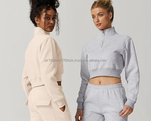 Womens Half Zip Crop Sweatshirt High Neck Long Sleeve Pullover Cropped <b>Top</b> - Product Image 4