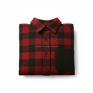 Custom Men's <b>Red</b> <b>Black</b> Plaid Flannel <b>Shirt</b> Heavyweight Cotton Crocheted Weave Turn-down Collar Buffalo <b>Check</b> Button-Up Contrast - Product Image 5
