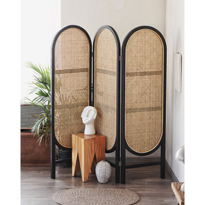 Brown Solid <b>Wood</b> and Rattan Room Dividers Luxury Modern Art Deco <b>Indoor</b> Outdoor Folding <b>Sliding</b> Panels Made of Bamboo Fabric - Product Image 5