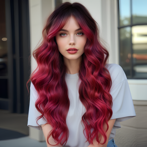 DWY High Quality Burgundy Rooted Wavy Synthetic <b>Wig</b> Light <b>Brown</b> Lace Front Features Lace Front <b>Wigs</b> Bangs Middle Part Tresses - Product Image 1
