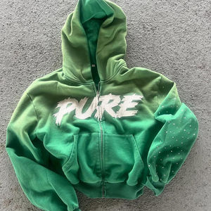 Custom High Quality Manufacturer Sun Faded Heavyweight 400gsm <b>Vintage</b> Acid Wash Zipper Boxy Fit <b>Zip</b> <b>up</b> Rhinestone <b>Hoodie</b> for Men - Product Image 2