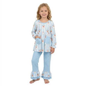 Ensemble de pyjama pour filles à rayures bleues, sans manches, en tissu de yoga Spandex/Polyester, écologique, décontracté, confortable, vêtements de nuit - Product Image 5