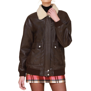 Custom Logo <b>Women</b> <b>Vintage</b> Brown Real Sheepskin <b>Leather</b> Flight <b>Jacket</b> Faux Fur Collar Outerwear - Product Image 6