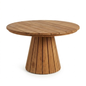 Natural Teak Wood <b>Round</b> Outdoor Garden Dining <b>Table</b> Conical Fluted Base Wooden <b>Patio</b> Setup Decor Pure Room Art Design - Product Image 1