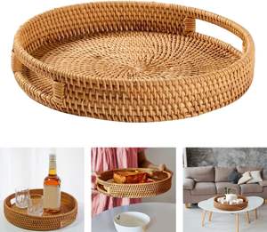 Bandeja de servicio de ratán redonda de alta calidad, asas de bambú, cesta de almacenamiento decorativa tejida, Color personalizado, uso en el hogar, Hotel, restaurante - Product Image 4