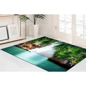 Tapis imprimé paysage marin - Tapis de couloir vert vue mer tropicale côtière, avec tapis à poils doux - Product Image 1