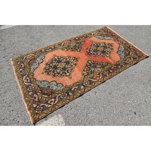 Alfombra turca clásica Vintage de 3,8x6,9 pies, diseño de retazos azul naranja, técnica de tejido plano de látex de lana, alfombra Bohemia para sala de estar - Product Image 3