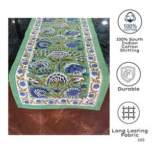 Elegante camino de mesa de algodón de lujo sostenible hecho a mano étnico verde azul hoja patrón mano bloque impreso para uso doméstico - Product Image 3