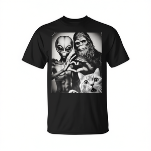 T-shirt promozionale con grafica a tema gatto: Bigfoot romantico innamorato di un gatto alieno che fa un selfie - Product Image 2