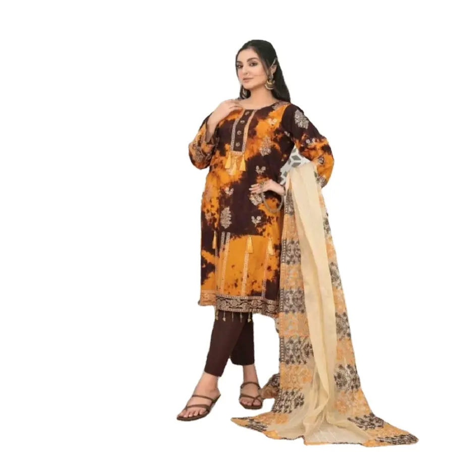 אופנה מעצב פקיסטן הודי דשא 3 חתיכה גבירותיי חליפות עם זהב שולחן מודפס על ידי Tawakkal נפח CIANA