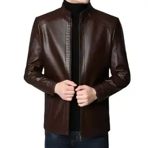 Jaket kulit setengah baya pria, jaket usia sedang tipis lembut musim dingin Vintage jaket Puffer bagian tunggal 2023