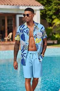 Ventes en gros de chemises et shorts d'été personnalisés de style hawaïen pour hommes, ensembles à manches courtes avec imprimé floral - Product Image 3